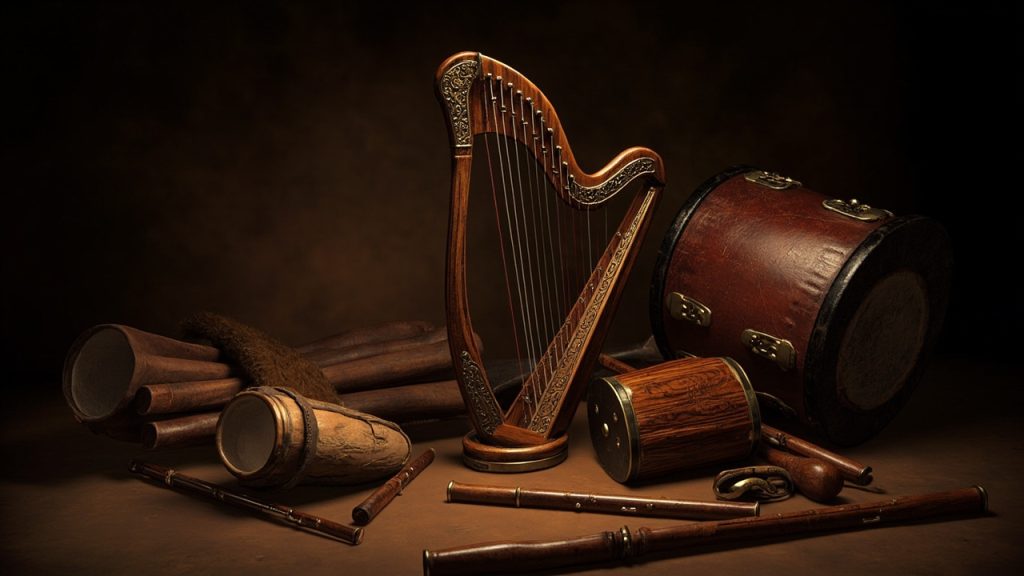 Instruments traditionnels celtes : harpe, cornemuse, bodhrán et flûtes