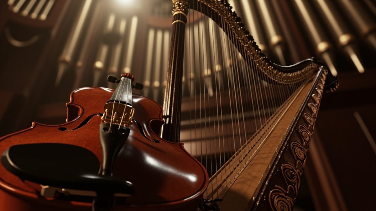 La beauté des instruments de musique : violon, harpe, orgue et plus
