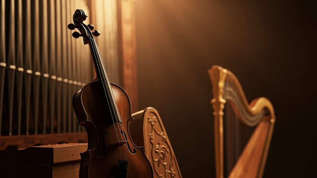 La beauté des instruments de musique : violon, harpe, orgue et plus