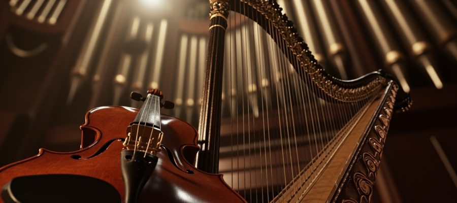 La beauté des instruments de musique : violon, harpe, orgue et plus