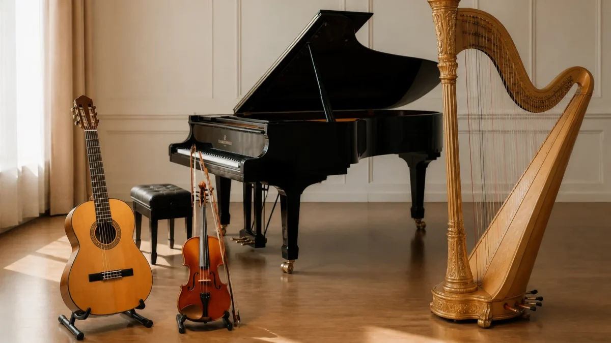 Les instruments à cordes : guitare, violon, piano et harpe