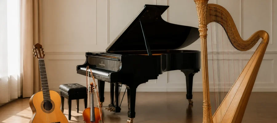 Les instruments à cordes : guitare, violon, piano et harpe